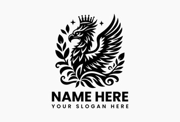 Majestic harpy with a crown of night-blooming flowers, ethereal vector emblem for fantasy games and book covers  