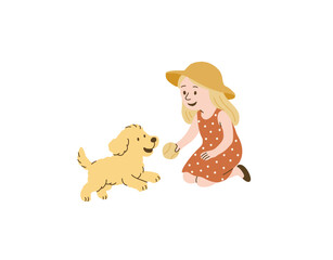 Vector hand drawn illustration of little girl sitting and playing with a small happy golden retriever puppy with a ball. Girl dress red shirt with dots and summer hat