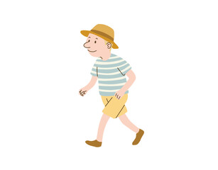 Vector hand drawn illustration of man walking and wear blue stripe shirt, summer yellow hat isolated on transparent background in cartoon style