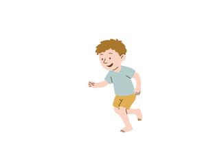 Vector hand drawn illustration of young little toddler boy running and dress blue shirt barefoot isolated on transparent background