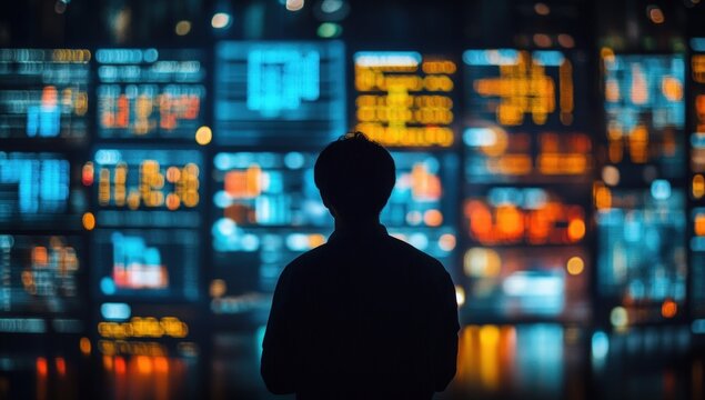 Person observing a wall of data displays - Powered by Adobe