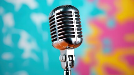 A polished retro microphone stands prominently against a vibrant, colorful background, symbolizing music, creativity, and artistic expression in the entertainment industry.