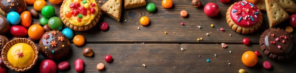 Obraz premium Assorted colorful candies, chocolates, and cookies on a wooden table , confectionery, tasty