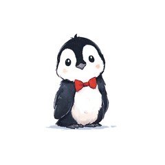 Naklejka premium A charming cartoon penguin wearing a red bow tie against a plain white background. Cute and endearing.