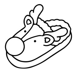 Christmas slipper designed as a reindeer head with big round eyes, nose, ears, antlers