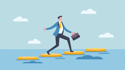 Businessman confidently strides towards success navigating challenges with briefcase stepping stones