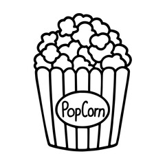 triped popcorn bucket filled with fluffy kernels and labeled 