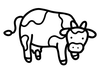 spotted cow with horns, tail, and visible udder. dairy farming, milk production, livestock, rural life