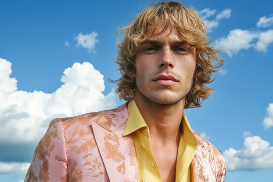 A confident pose under an unobstructed sky is struck by a stylish man donning a bold pink blazer and orange shirt, illustrating a masterful combination of daring fashion choices and modern style