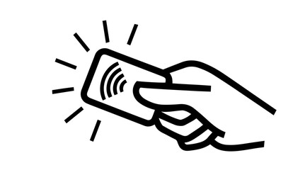 human hand holding contactless bank card with wireless signal lines – digital payment symbol, secure financial transaction, modern fintech, NFC technology, and mobile banking illustration