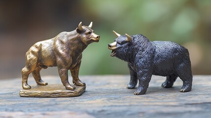Two figurines, bull and bear, represent market forces
