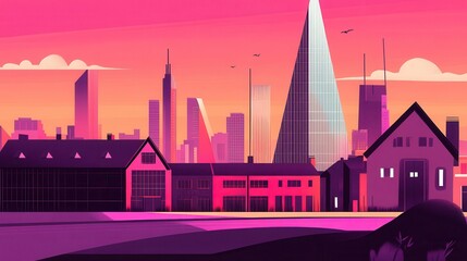 Obraz premium Retro Pixel Art Cityscape at Sunset, A Nostalgic Urban Scene in Vibrant Pink and Purple Hues with a Blend of Modern and Traditional Styles