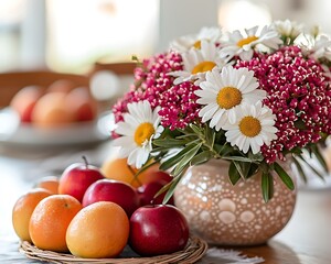 Vibrant Daisies and Autumn Fruits in a Rustic Vase