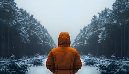 Person in Orange Coat Walking Snowy Path Through Forest in Winter