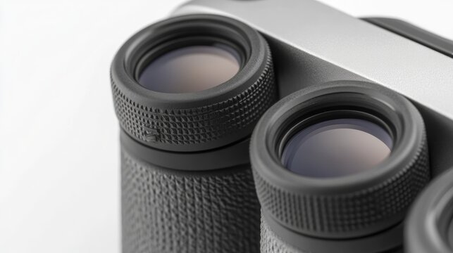 Close-up of modern binoculars with textured grips and clear lenses