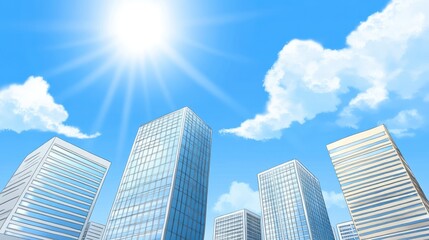Fototapeta premium Urban Landscape Bright Sky Modern Architecture Cityscape Illustration Upward View Office Towers Financial District Scenic Skyline