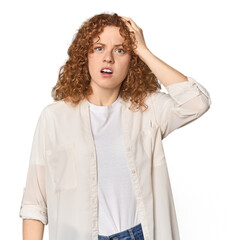 Young Caucasian redhead woman being shocked, she has remembered important meeting.