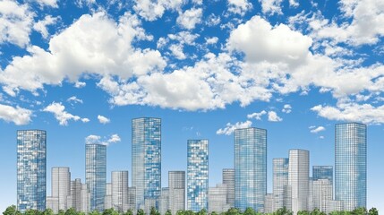 Obraz premium Modern urban landscape with highrise buildings against a vibrant blue sky filled with fluffy clouds offering a refreshing view