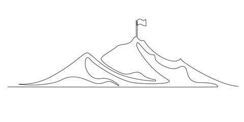 continuous line drawing of mountain with flag.single line drawing of flag on top of mountain.single line vector illustration of mountain climbing,symbol sign of achievement