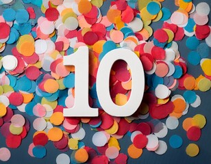 Number 10 with confetti. Photo for tenth birthday or anniversary party