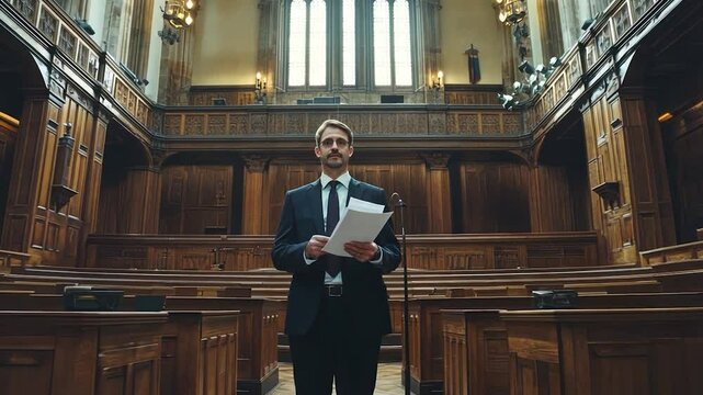 Man in suit addressing a courtroom