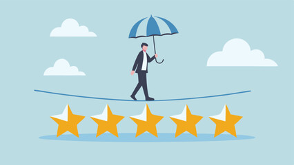 Businessman balancing on tightrope with umbrella above five stars success achievement risk challenge