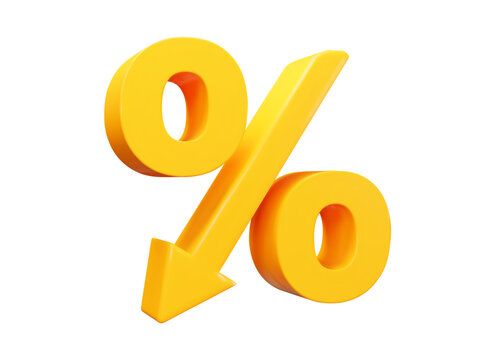 3d low price icon. Yellow percent with arrow down. Crisis concept sign. Stock vector illustration on isolated background.