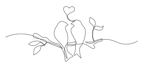 continuous line drawing of birds with love. one line drawing of birds singing love on a tree branch. single line vector illustration of a symbol of affection, marriage, couple