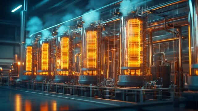 Wide-angle shot of glowing renewable propane distillation columns inside a modern refinery. The bright orange coils radiate heat, pipes and machinery, with gentle steam wisps rising in the background.