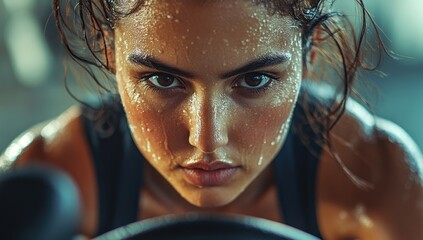 Focused female athlete, drenched in sweat during intense workout