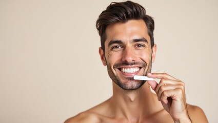 Teeth Whitening Strips. Smiling young man white teeth toothbrush oral