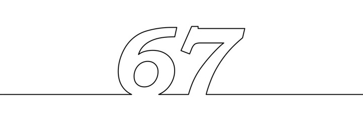 A single line drawing of a sixty seven symbol. One line icon. Continuous line sixty seventh number icon. Simple black outline of the number 67. Vector illustration
