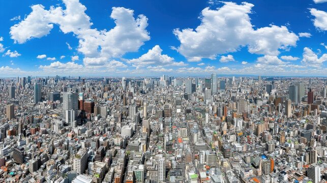 Overhead cityscape panorama of urban sprawl with fluffy clouds and blue sky depicting density growth and metropolitan expansion