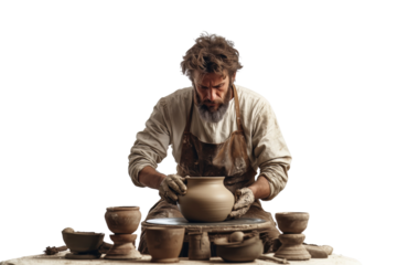 Bearded male potter shaping a clay pot on a pottery wheel surrounded by handmade ceramics, isolated on a transparent background.