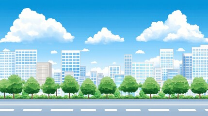 Serene urban backdrop with pixelated cloudscape and minimalist cityscape provides versatile creative material for designs or presentations