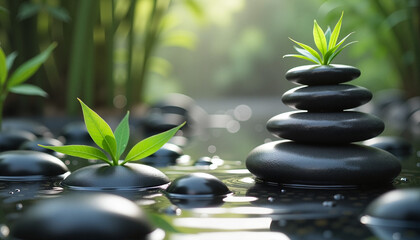 Obraz premium Stacked stones and green leaves on dark water, relaxation concept