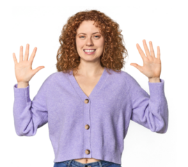 Young Caucasian redhead woman showing number ten with hands.