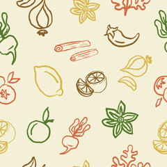 Citrus & Coral Leaves Hand Drawn Seamless Pattern