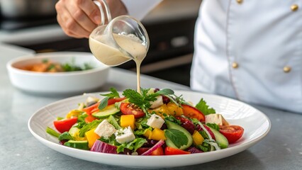 A chef is pouring creamy dressing over a colorful fresh salad, a delicious and healthy meal.