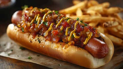 A close-up shot of a gourmet hot dog, complete with relish, mustard, and fries.