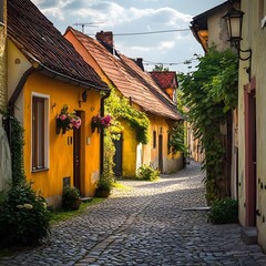 A narrow cobblestone street lined with yellow houses and green vines. The houses are small