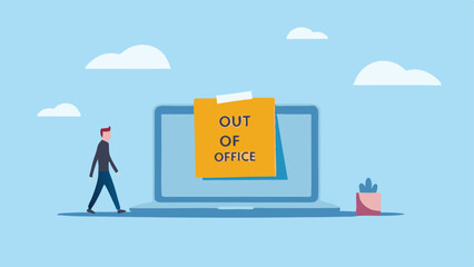 Man leaving work laptop displays Out of Office signifying a break vacation or time off Simple flat