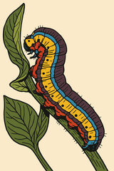 Colorful Caterpillar Climbing Plant Stem with Green Leaves Vector Illustration