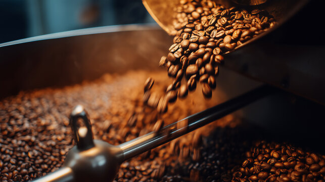 Roasted coffee beans falling from industrial roaster.