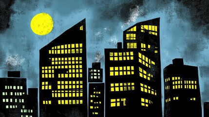 Urban Nocturne Abstract Nightscape Cityscape with Illuminated Buildings and a Glowing Moon Creating a Distinct Silhouette