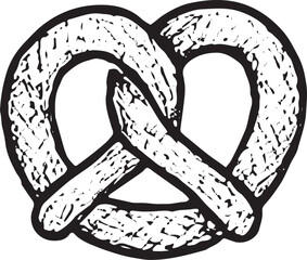 Hand-drawn illustration of a classic pretzel, featuring a twisted and intricate design that captures its distinct shape and texture, representing a popular snack