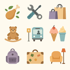 Collection of Various Flat Design Vector Icons Representing Diverse Objects