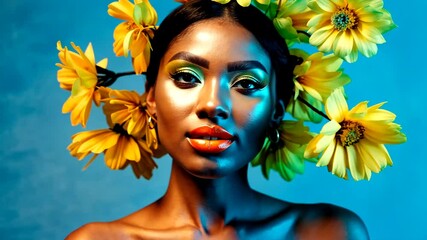 Stunning African American woman in floral crown against blue backdrop - Powered by Adobe