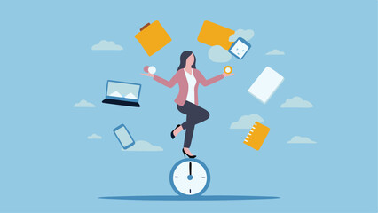 Businesswoman juggling tasks balancing on a clock symbolizing time management and work life balance