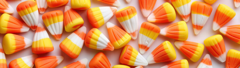 Colorful candy corn pieces create vibrant and festive display, perfect for celebrations, Halloween Theme